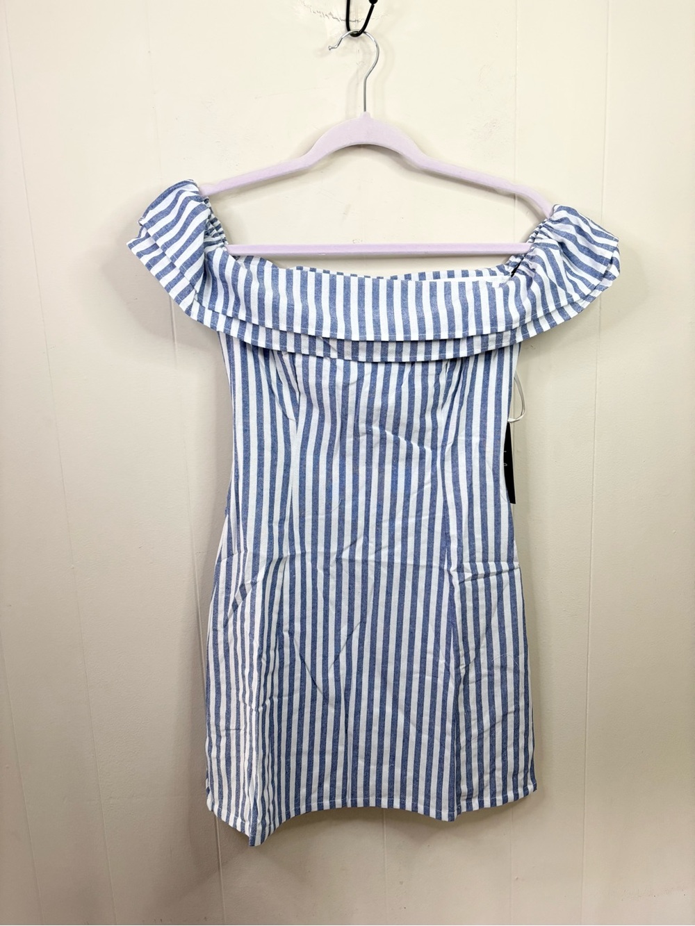 Lulus Seaside Skipper Blue Striped Off-the-Shoulder Mini Dress size SM new - Picture 3 of 6